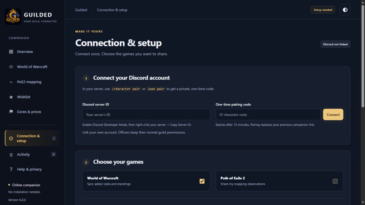 Guilded online companion showing Discord pairing and game selection