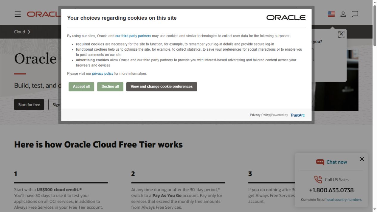 Oracle Cloud Free Tier entry page