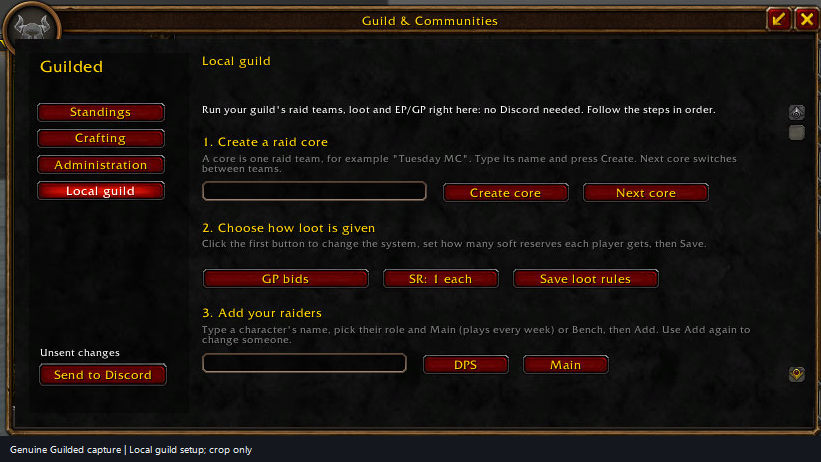 Guilded local setup with blank raid-core and raider fields